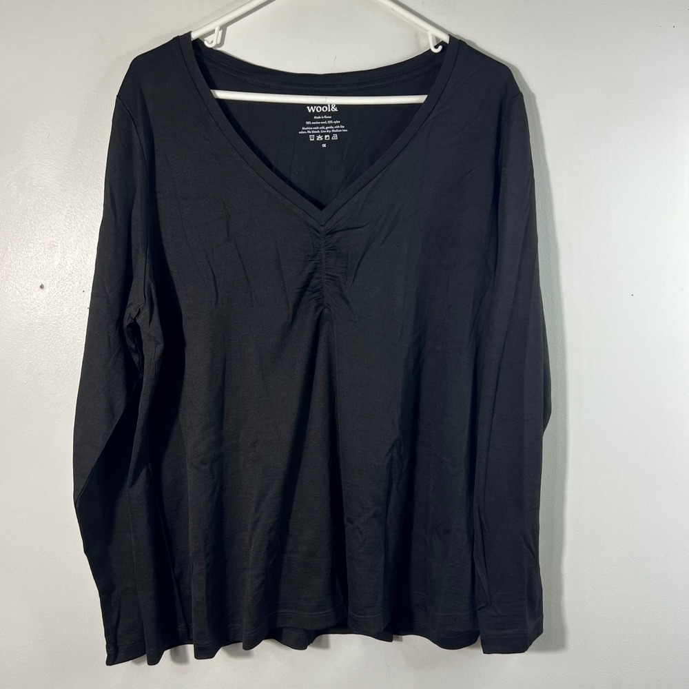 wool& Black Merino Wool Blend V-Neck Ruched Long Sleeve Top 1X